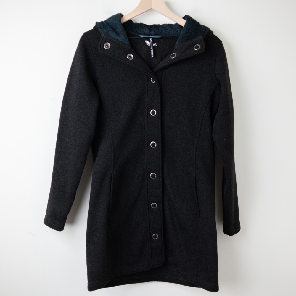 KÜHL Spyrit Fleece Women's Jacket Coat Size XL Black Long Hooded Snap Button